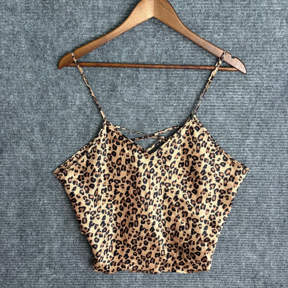 VTG Intimate Moods Leopard Print Satin Camisole Top Lace Up Back Brown Tan Large